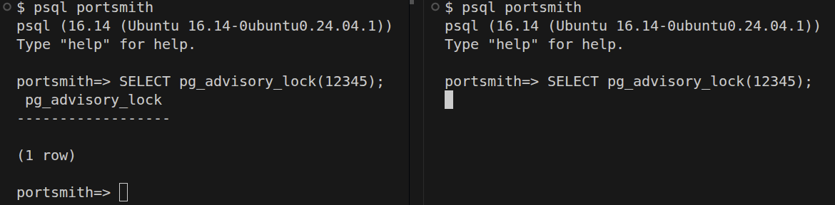 Screenshot of blocked psql session on an advisory lock